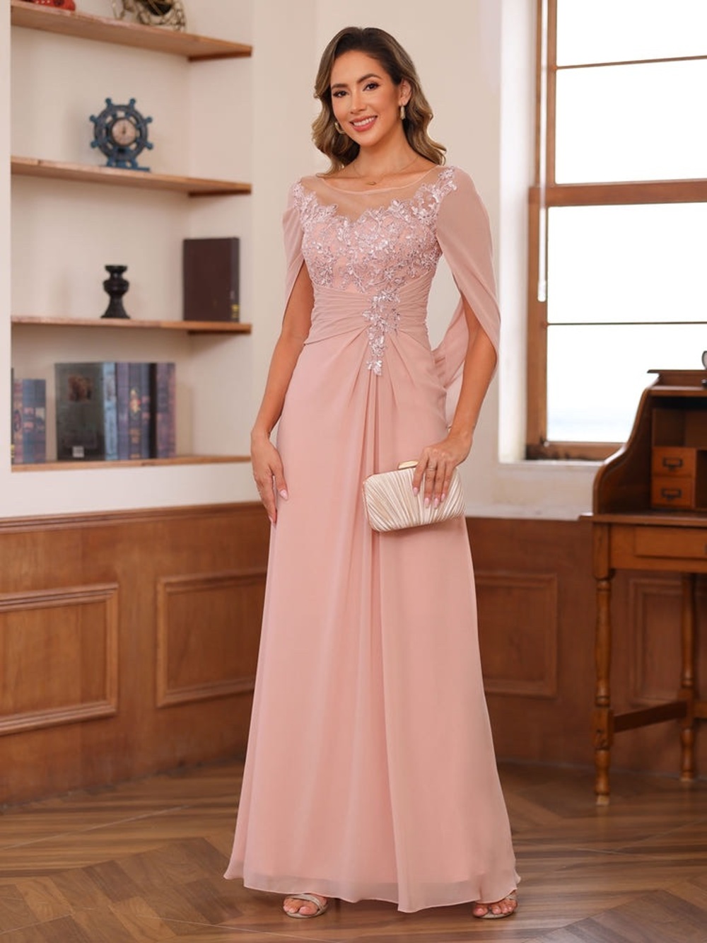 Romantic Blush Pink Evening Gown with Embroidered Bodice